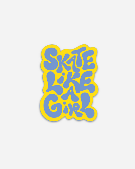Sticker with 'Skate Like a Girl' text in blue and yellow on a white background