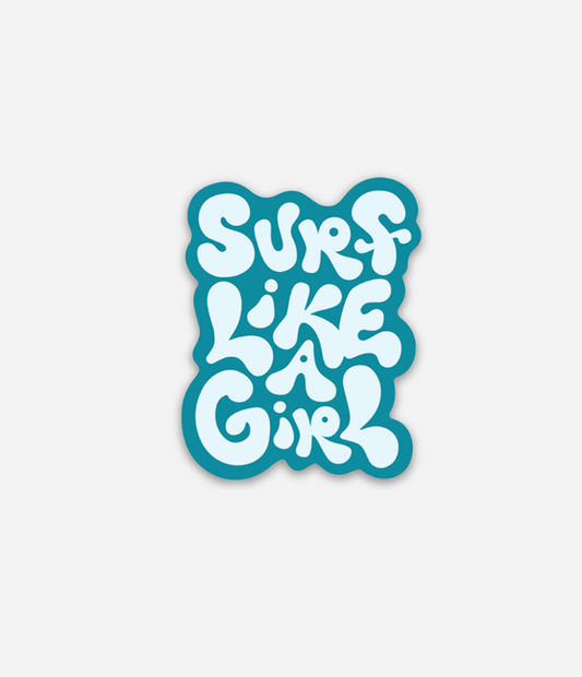 Sticker with 'Surf Like A Girl' text on a light gray background